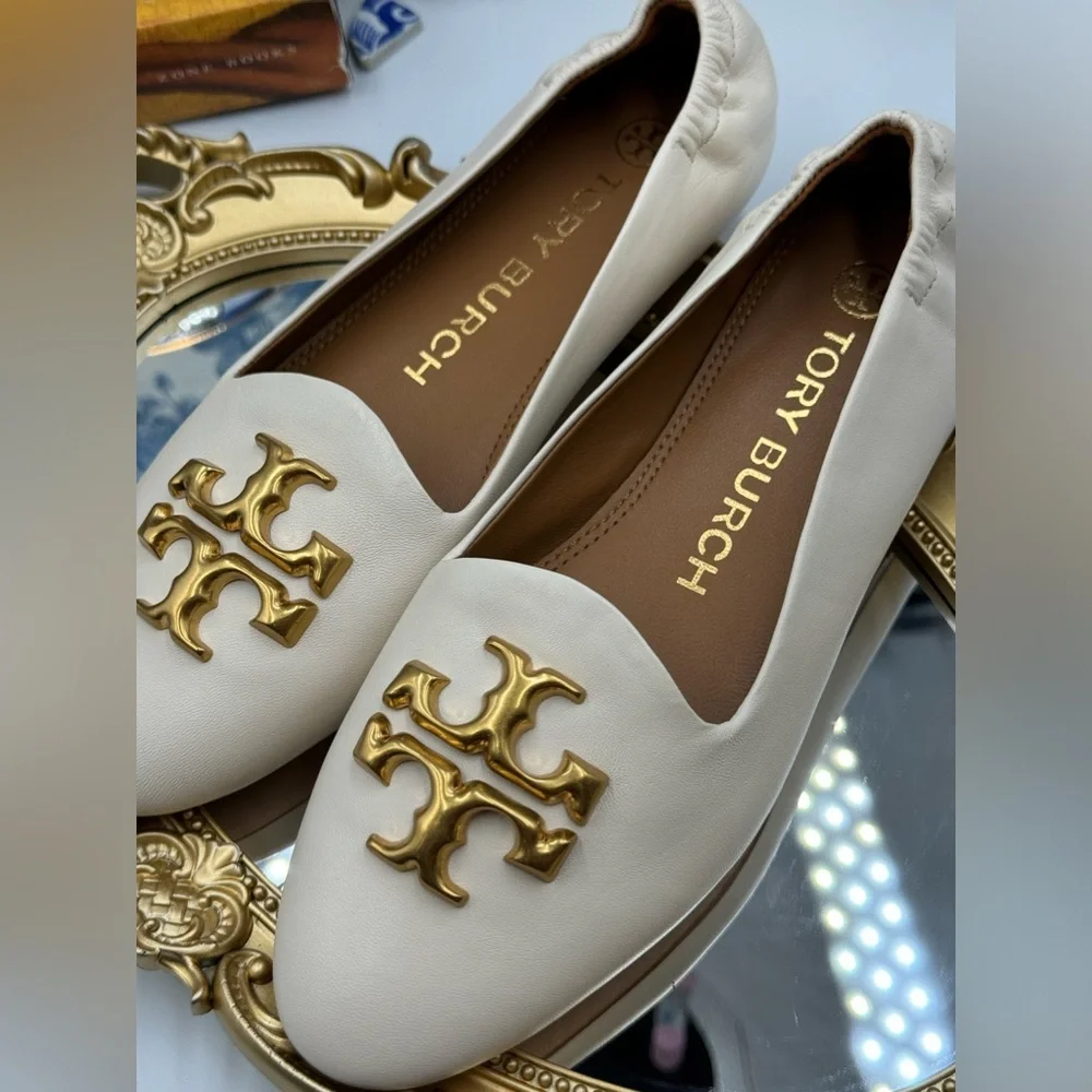 🆕 TORY BURCH 🧿 NWOB Eleanor White Leather Smoking Slipper Loafers, Sz US 6